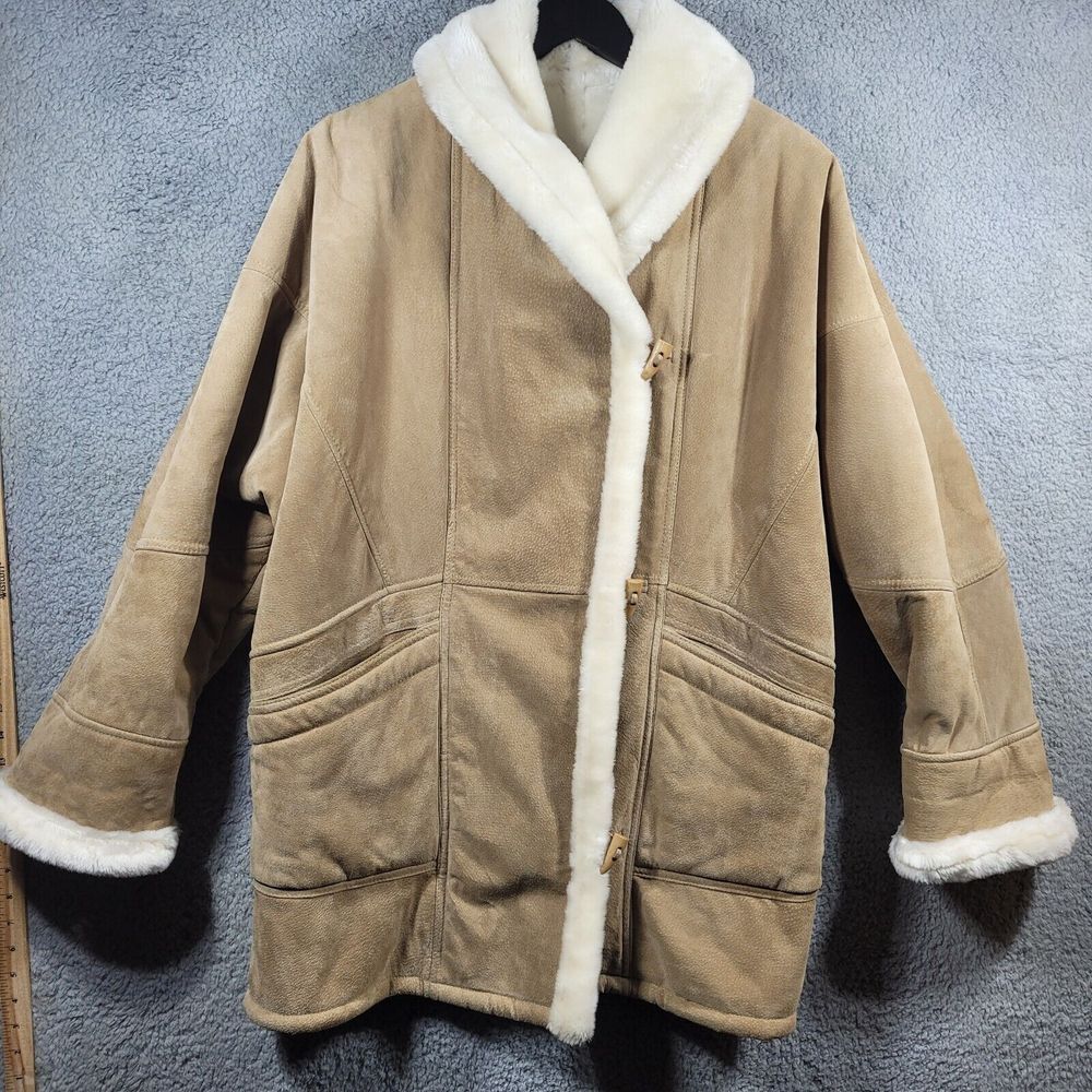 WILSONS Vintage Tan LEATHER Faux Fur Shearling LINED Sloped Shoulder COAT/Size L